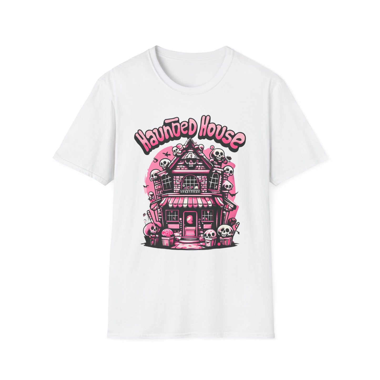 Haunted House Halloween T-Shirt  Pink Spooky Gothic Unisex Softstyle T-Shirt Men Women Teen College Student Highschool