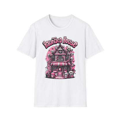 Haunted House Halloween T-Shirt  Pink Spooky Gothic Unisex Softstyle T-Shirt Men Women Teen College Student Highschool