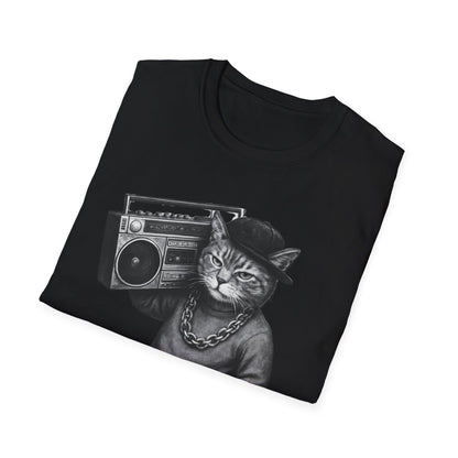 Black & White Boombox Cat T Shirt Hip Hop Streetwear Graphic Tee for Music Lovers Unisex Soft style T Shirt