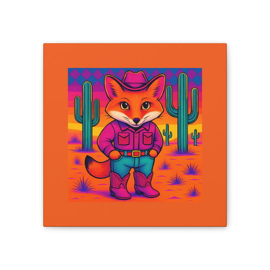 Canvas Stretched, Cute Animated Fox Cowboy in Desert with Cactus Bright Colors on Canvas, Western Wall Art Decor, Nursery Room Decor,