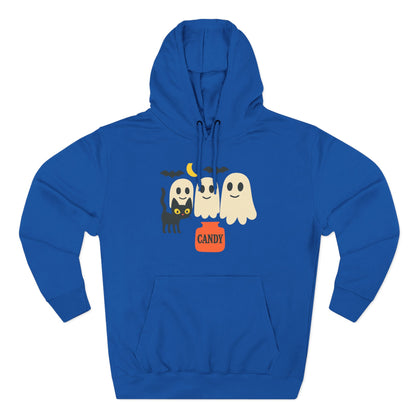 Halloween Three-Panel Fleece Hoodie, Ghost Black Cat Long Sleeve Unisex, Scary Bat Costume Sweatshirt, Trick or Treat Candy Bucket Jacket,
