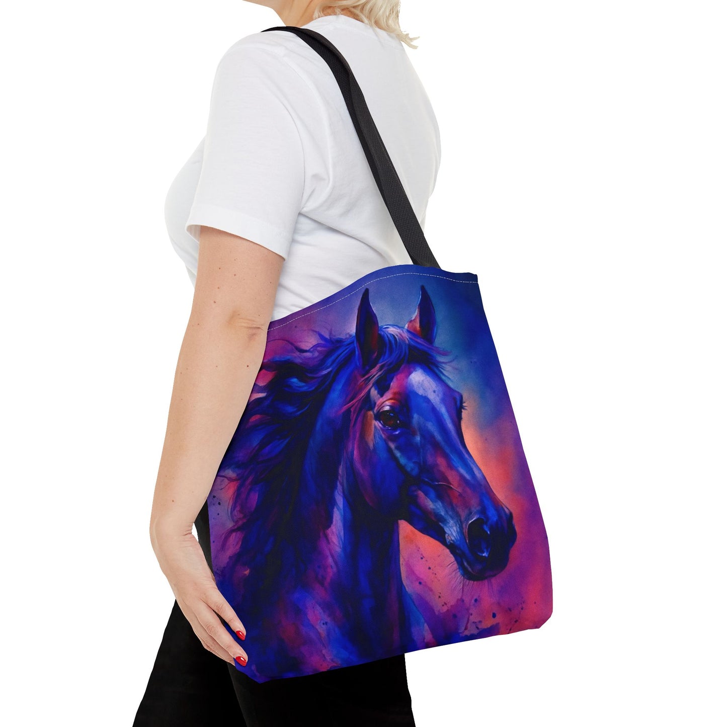 Bold Horse Tote Bag, Vibrant Blue & Purple Wild Spirit Artwork
