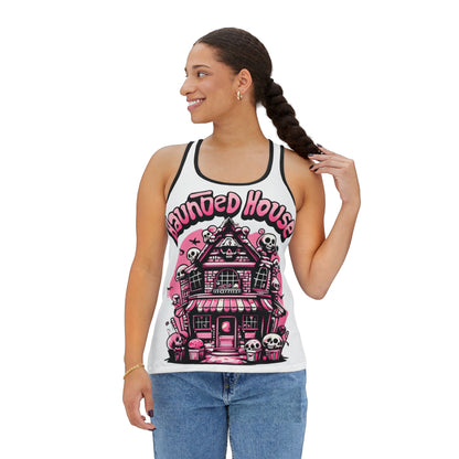 Haunted House Halloween Tank Top  Pink Gothic Spooky Skeleton Shirt  Womens Racerback Women's Tank Top