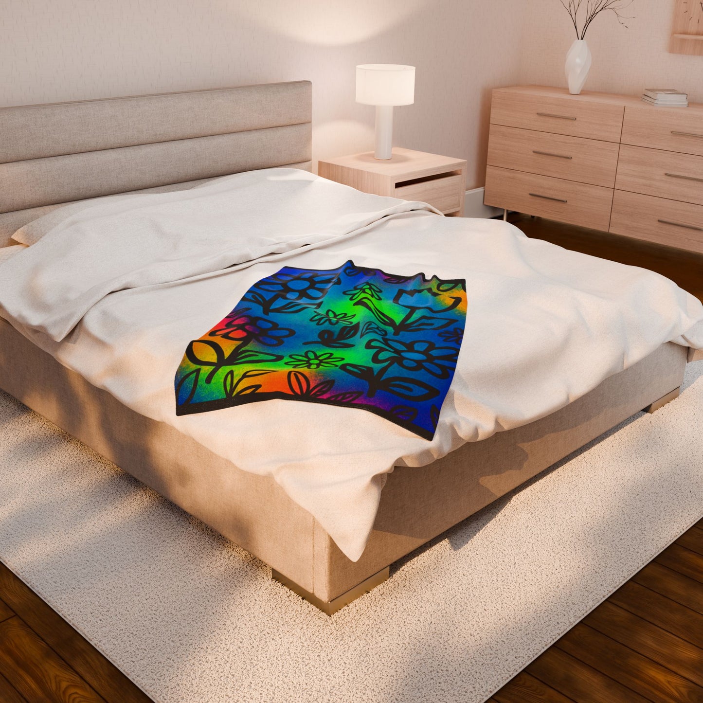 Rainbow Floral Plush Blanket | Colorful Cozy Soft Throw