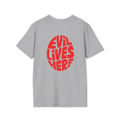 Evil Lives Here Halloween T-shirt, Spooky Retro Style, Mens