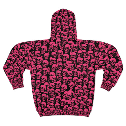 Edgy Pink Skull Hoodie Gothic Streetwear Unisex Zip Up Jacket, Alternative Punk Hoodie for Men and Women, Halloween Skull Print Fashion