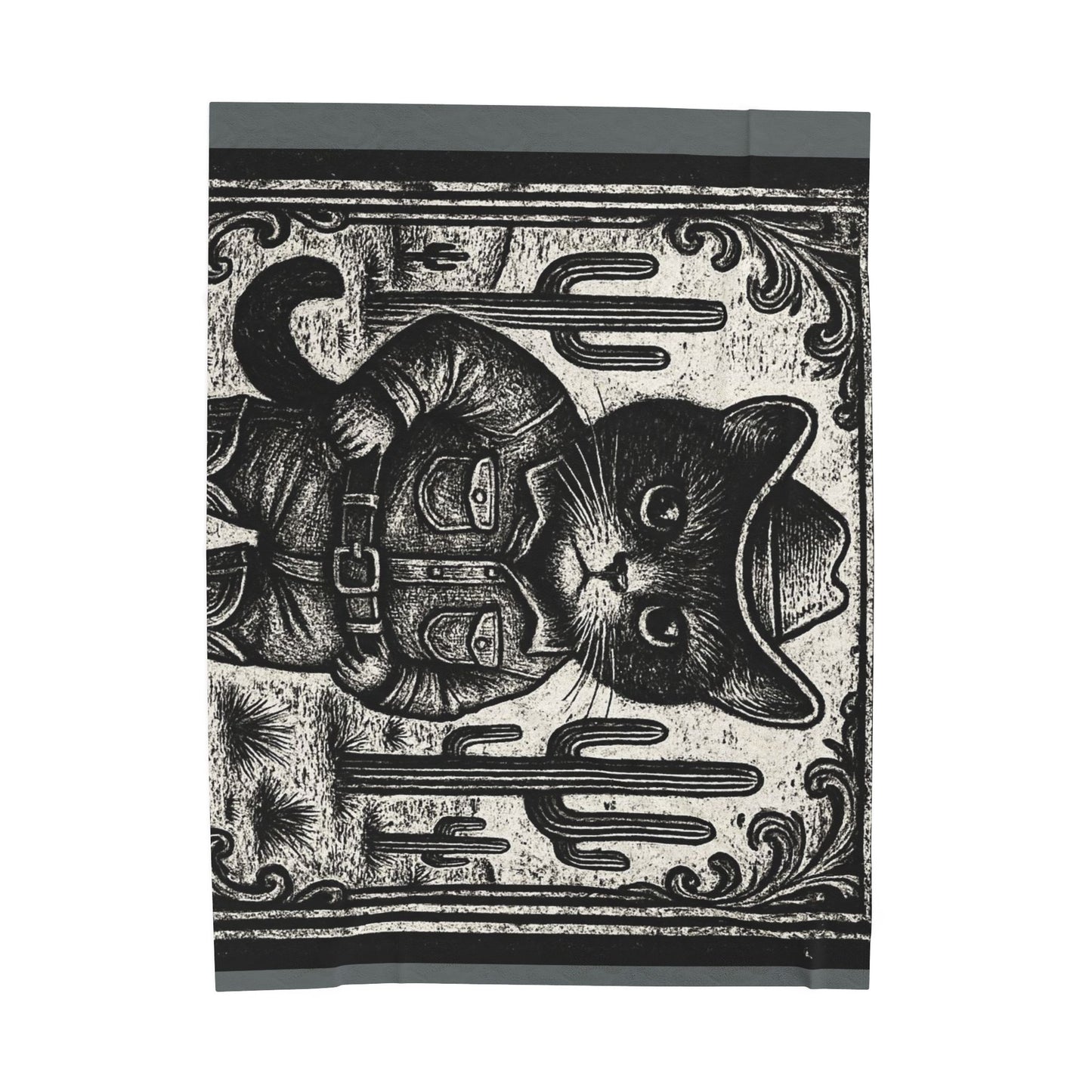 Black Cat Cowboy illustration Velveteen Plush Blanket | Western kitten art, vintage woodcut style