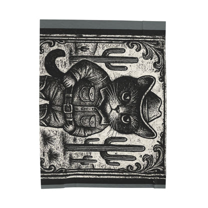 Black Cat Cowboy illustration Velveteen Plush Blanket | Western kitten art, vintage woodcut style