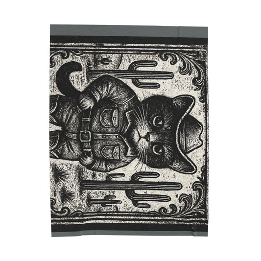Black Cat Cowboy illustration Velveteen Plush Blanket | Western kitten art, vintage woodcut style