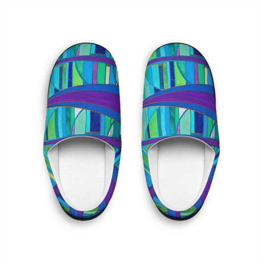 Teal Purple Striped Wave Pattern Slippers Women's Indoor Slippers | Blue Geometric Cozy Footwear