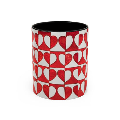 Red Heart Pattern Accent Coffee Mug | Checkerboard Valentine Ceramic Mug