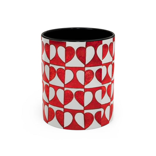 Red Heart Pattern Accent Coffee Mug | Checkerboard Valentine Ceramic Mug