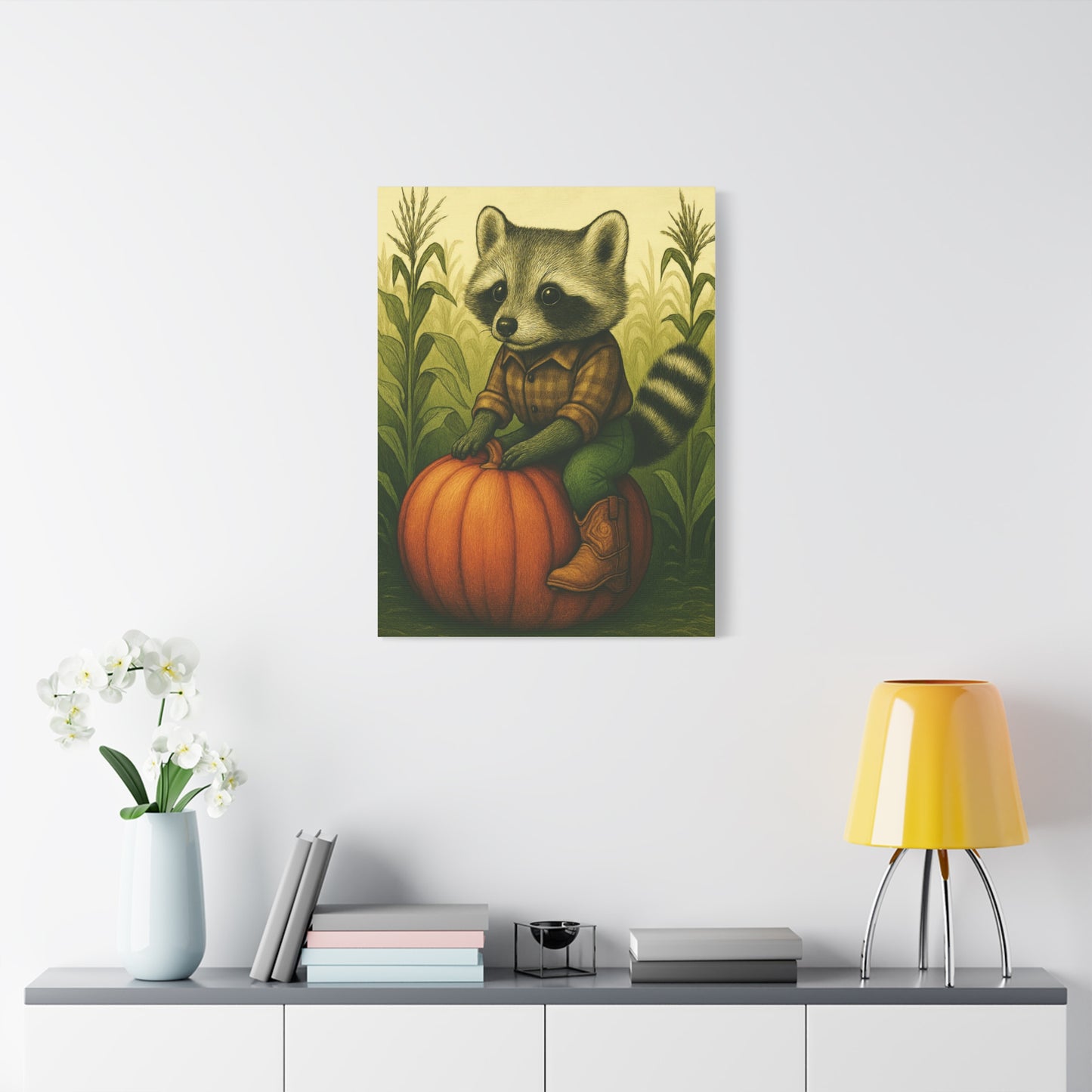 Matte Canvas Cowboy Harvest Raccoon on Pumpkin in Cornfield Green 8x10 - many sizes