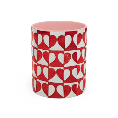 Red Heart Pattern Accent Coffee Mug | Checkerboard Valentine Ceramic Mug