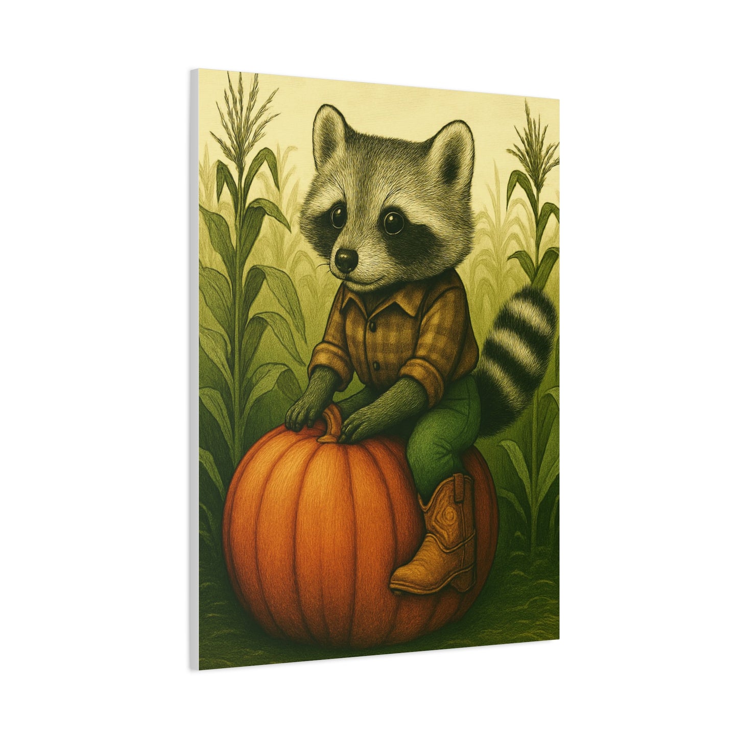 Matte Canvas Cowboy Harvest Raccoon on Pumpkin in Cornfield Green 8x10 - many sizes