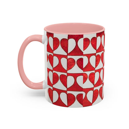 Red Heart Pattern Accent Coffee Mug | Checkerboard Valentine Ceramic Mug