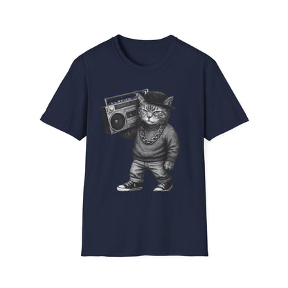 Black & White Boombox Cat T Shirt Hip Hop Streetwear Graphic Tee for Music Lovers Unisex Soft style T Shirt