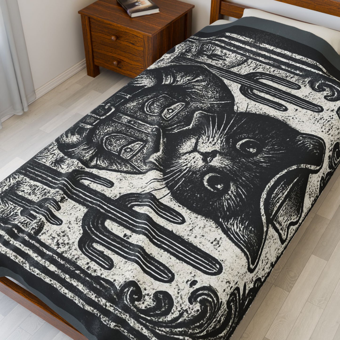 Black Cat Cowboy illustration Velveteen Plush Blanket | Western kitten art, vintage woodcut style
