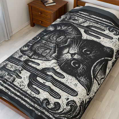 Black Cat Cowboy illustration Velveteen Plush Blanket | Western kitten art, vintage woodcut style