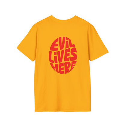 Evil Lives Here Halloween T-shirt, Spooky Retro Style, Mens