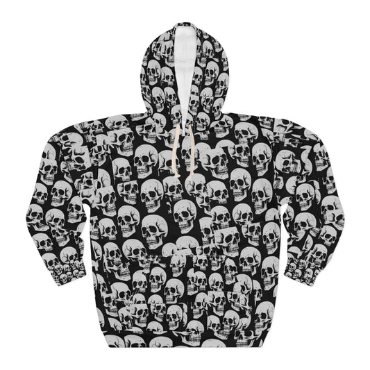 Bold Gothic Skull Hoodie for Men Black and White Skeleton Streetwear, Halloween Punk Rock Pullover Sweatshirt