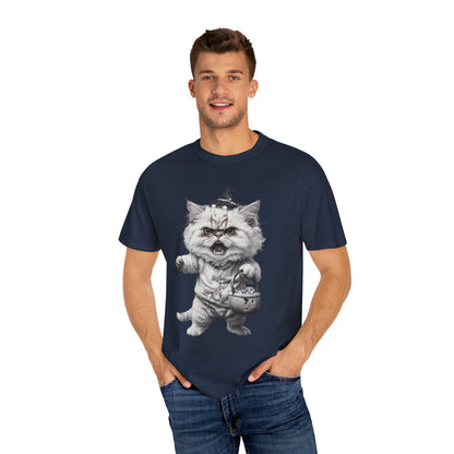 Angry Halloween Cat T Shirt  Funny Spooky Kitten Tee  Gothic Trick or Treat Shirt Unisex Garment Dyed T shirt
