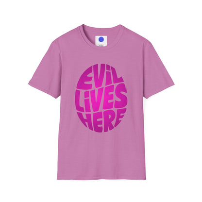 Evil Lives Here Halloween T-shirt, Spooky Retro Style, Mens