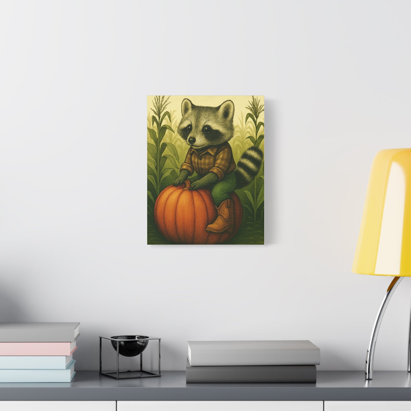 Matte Canvas Cowboy Harvest Raccoon on Pumpkin in Cornfield Green 8x10 - many sizes