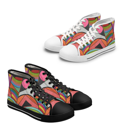 Colorful Abstract Geometric Pattern Women's High Top Sneakers | Retro Art Canvas Shoes
