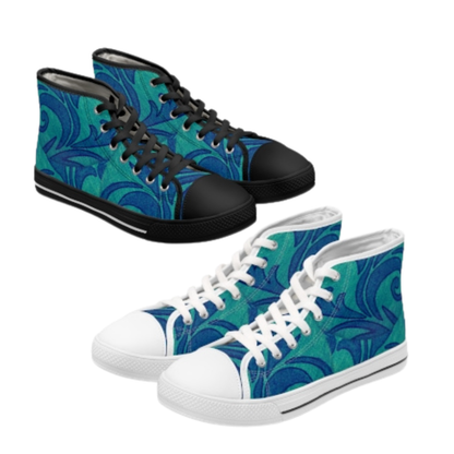 Teal Blue Swirl Pattern Women's High Top Sneakers | Abstract Floral Wave Design