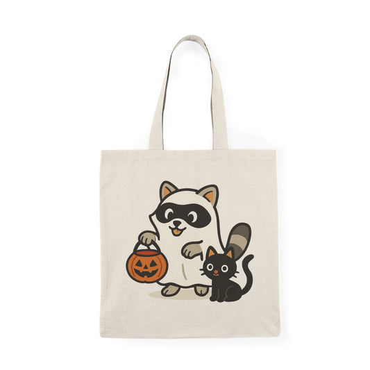 Cute Trick or Treat Raccoon Tote Bag with Black Cat Halloween Canvas Bag