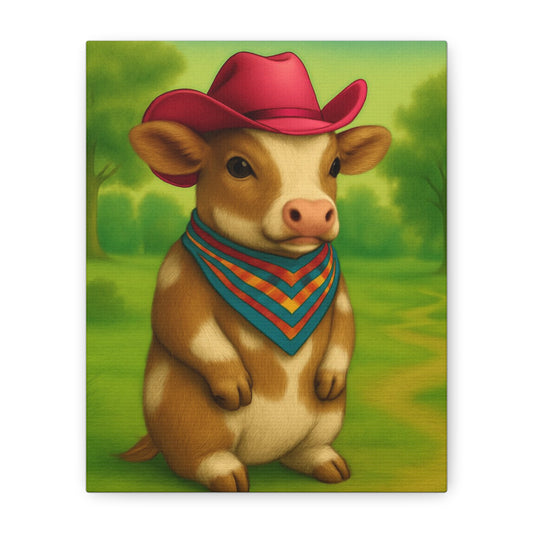 Cowboy Cow Country Baby Matte Canvas - 8x10 Stretched Nursery Wall Art, Western Farmhouse Decor, Kids Room Print, Rustic Barn Animal