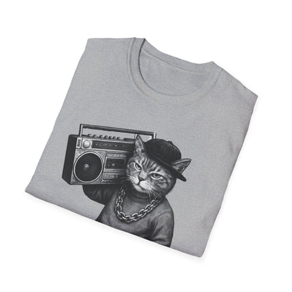 Black & White Boombox Cat T Shirt Hip Hop Streetwear Graphic Tee for Music Lovers Unisex Soft style T Shirt