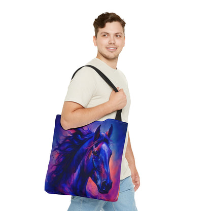 Bold Horse Tote Bag, Vibrant Blue & Purple Wild Spirit Artwork