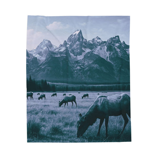 Rustic Elk Mountain Throw Blanket Wildlife Lodge Cabin Decor, Nature Scene Bed Cover, Elk Herd Western Gift  Velveteen Plush Blanket