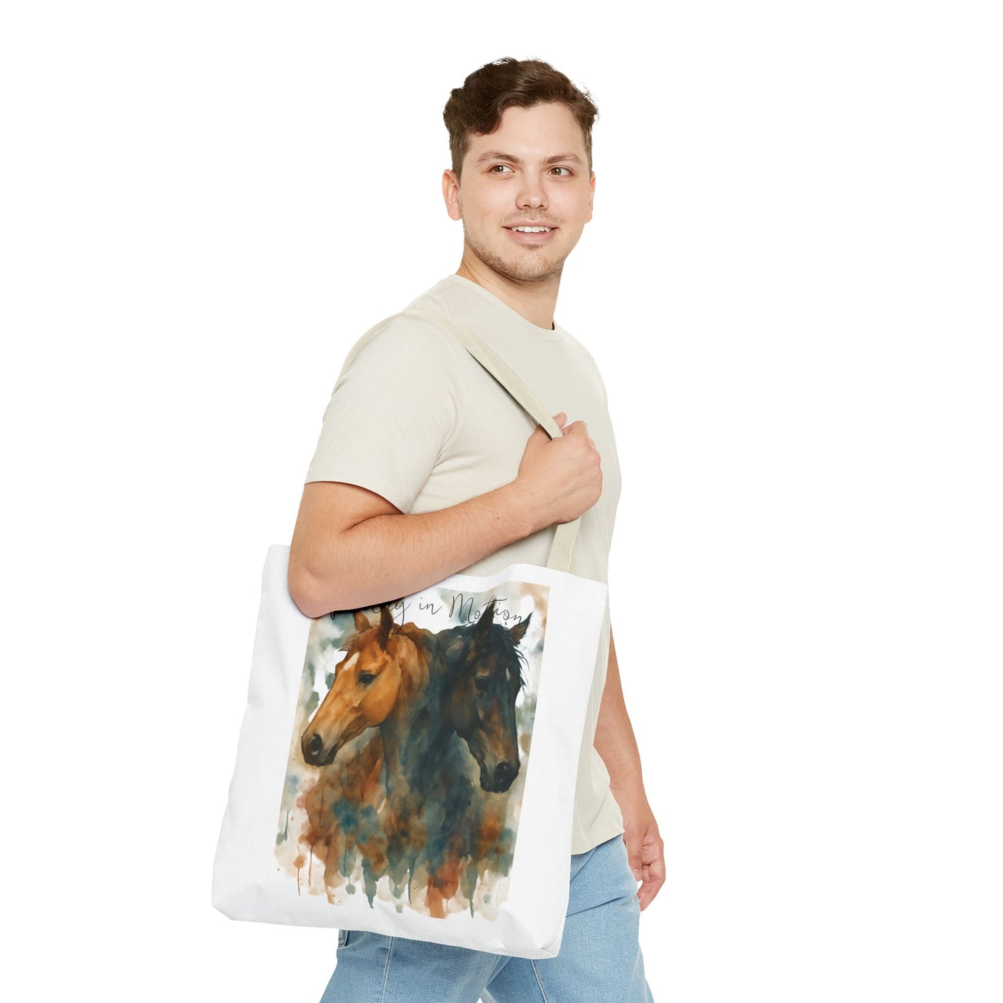 Horse Art Tote Bag, Watercolor Horses, Pretty in Motion