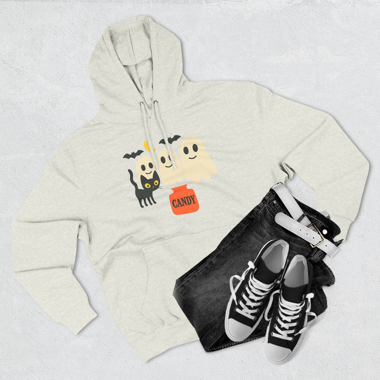 Halloween Three-Panel Fleece Hoodie, Ghost Black Cat Long Sleeve Unisex, Scary Bat Costume Sweatshirt, Trick or Treat Candy Bucket Jacket,