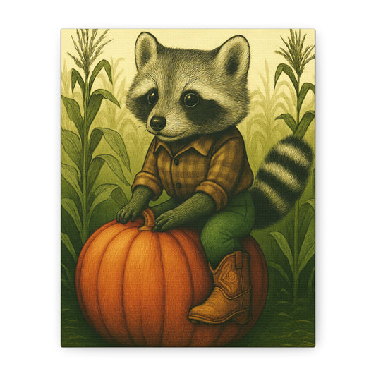 Matte Canvas Cowboy Harvest Raccoon on Pumpkin in Cornfield Green 8x10 - many sizes