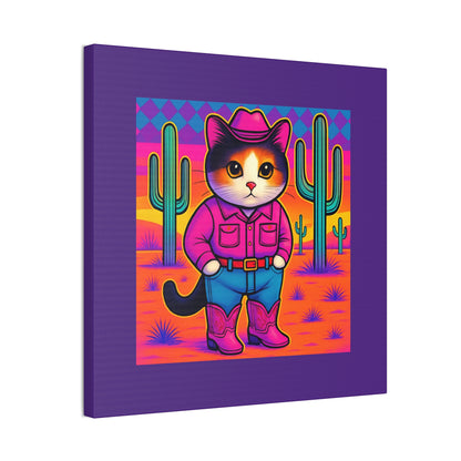 Bright Colored Cowboy Cat with Cactus Canvas stretched 8x8