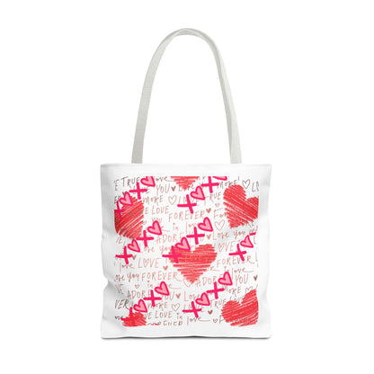 Red Scribble Hearts Tote Bag | Love Phrase Pattern