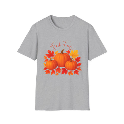 Fall Feels Pumpkin T-Shirt Cozy Autumn Leaves & Seasonal Harvest Tee Unisex Soft style T Shirt