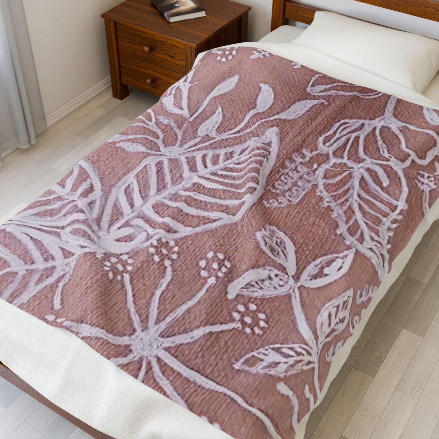 Blush Botanical Leaves Velveteen Plush Blanket | White Floral Outline