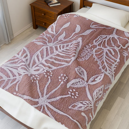 Blush Botanical Leaves Velveteen Plush Blanket | White Floral Outline