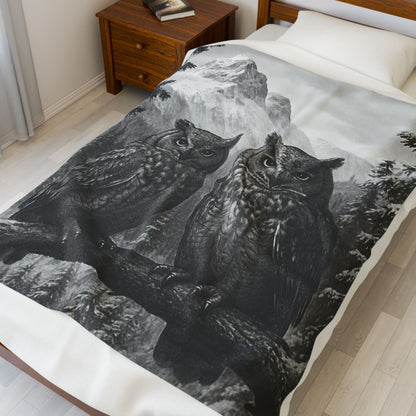 Rustic Owl Mountain Blanket Wildlife Cabin Decor, Cozy Forest Throw, Nature Inspired Bedding  Velveteen Plush Blanket