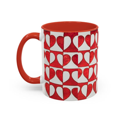Red Heart Pattern Accent Coffee Mug | Checkerboard Valentine Ceramic Mug
