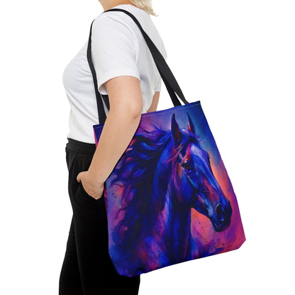 Bold Horse Tote Bag, Vibrant Blue & Purple Wild Spirit Artwork