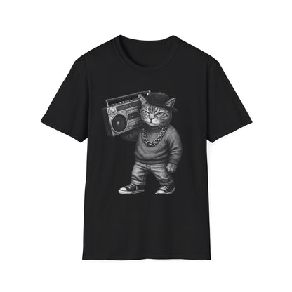 Black & White Boombox Cat T Shirt Hip Hop Streetwear Graphic Tee for Music Lovers Unisex Soft style T Shirt