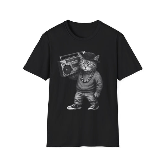 Black & White Boombox Cat T Shirt Hip Hop Streetwear Graphic Tee for Music Lovers Unisex Soft style T Shirt