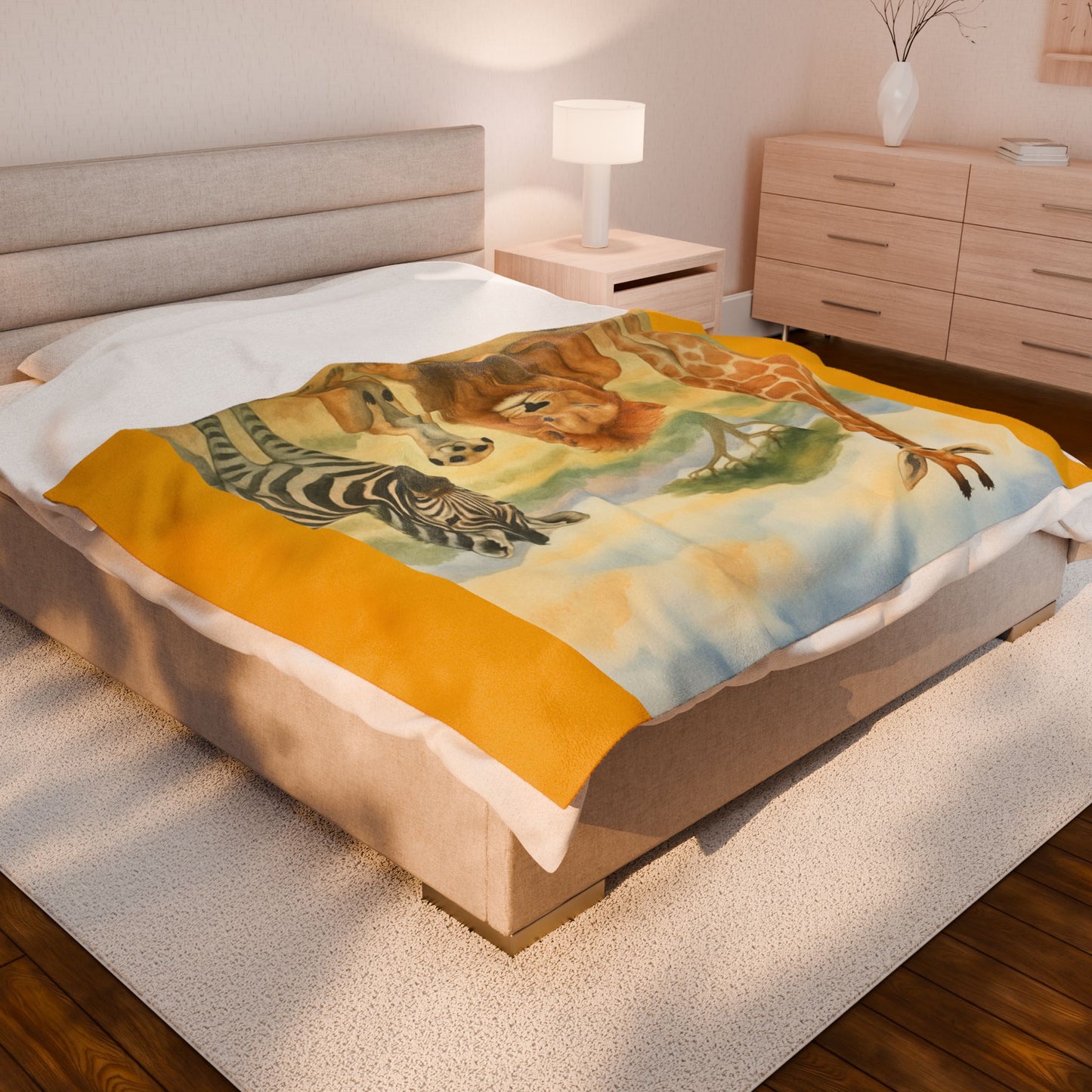 Safari Animal Nursery Lion Zebra Giraffe Velveteen Plush Blanket