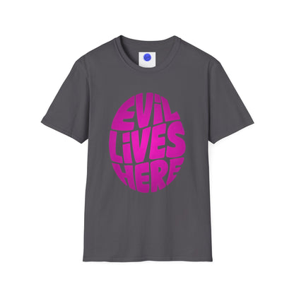 Evil Lives Here Halloween T-shirt, Spooky Retro Style, Mens